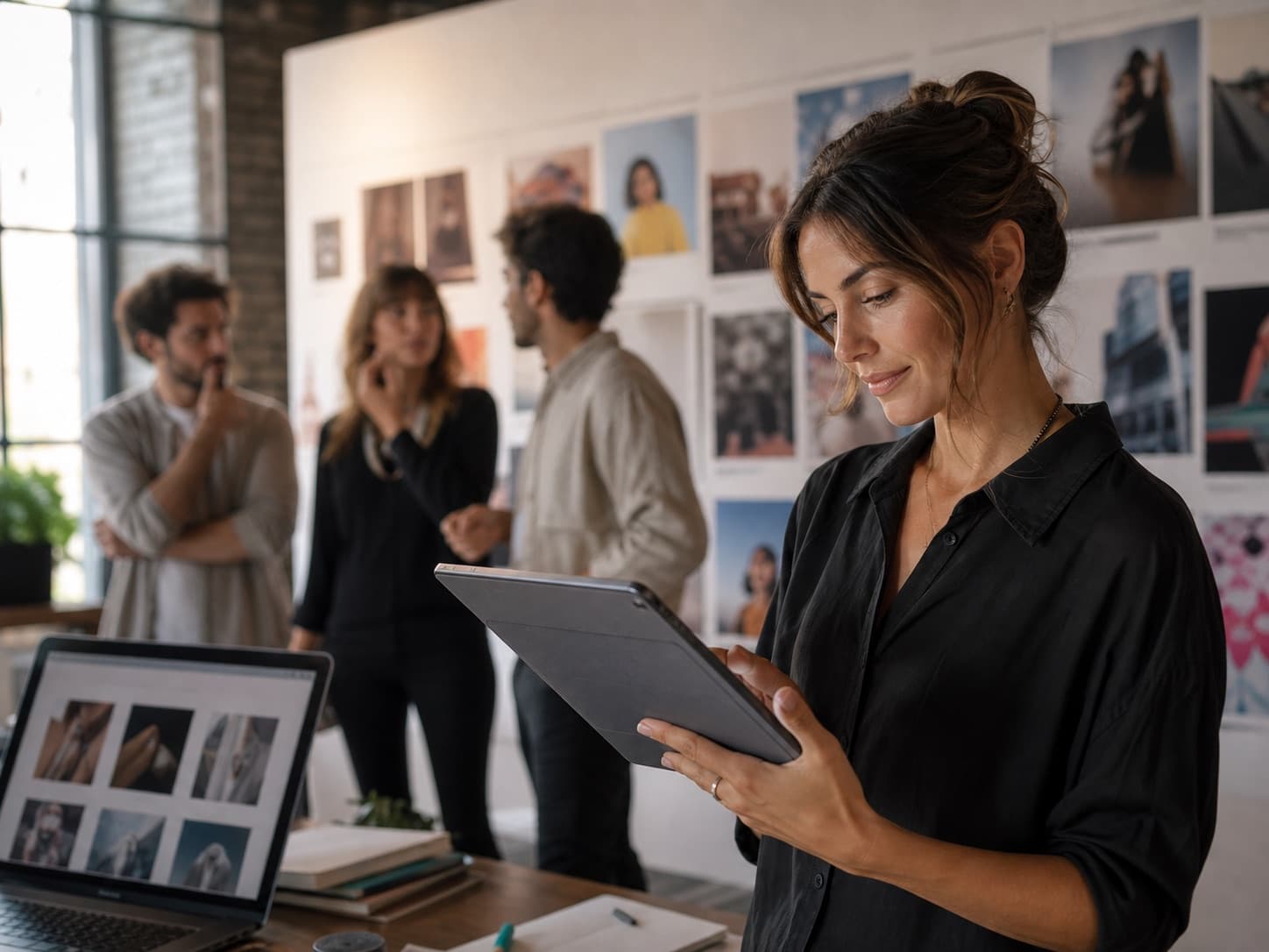 Adult talent reviewing agency and hub opportunities on a tablet in a creative studio