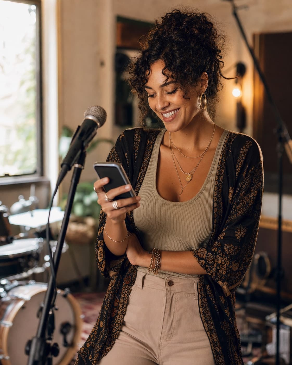 Independent singer smiling while checking a booking on her phone in a rehearsal room