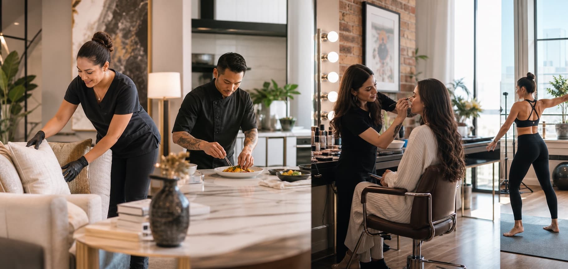 Cleaner, chef, makeup artist, and fitness professional working in bright premium spaces