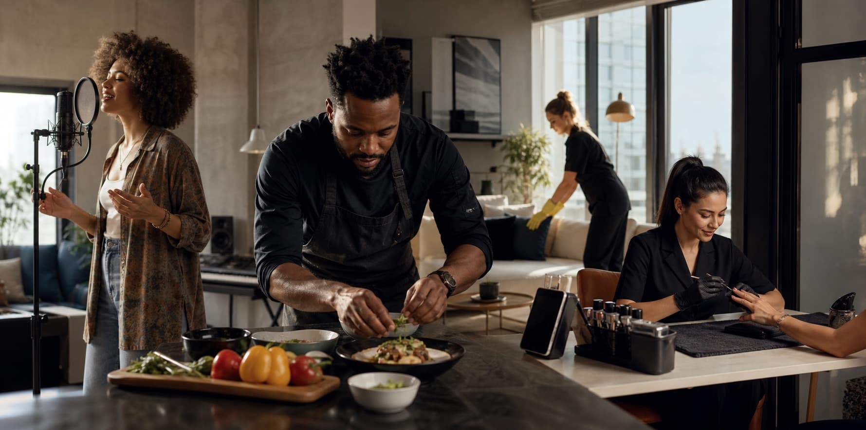 Singer, chef, cleaner, and beauty professional working in a premium modern studio